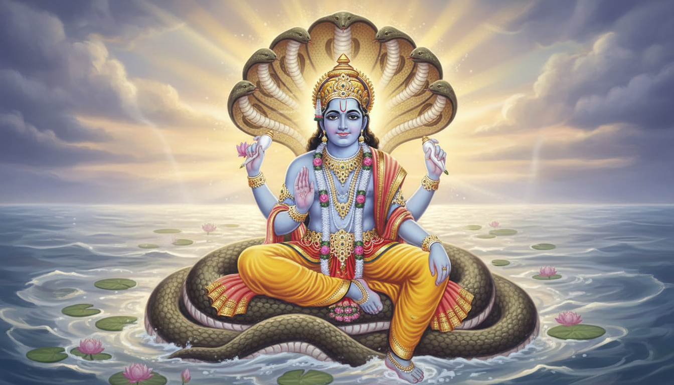 क्षीर सागर में शेषनाग पर शयन मुद्रा में भगवान विष्णु का दिव्य स्वरूप।