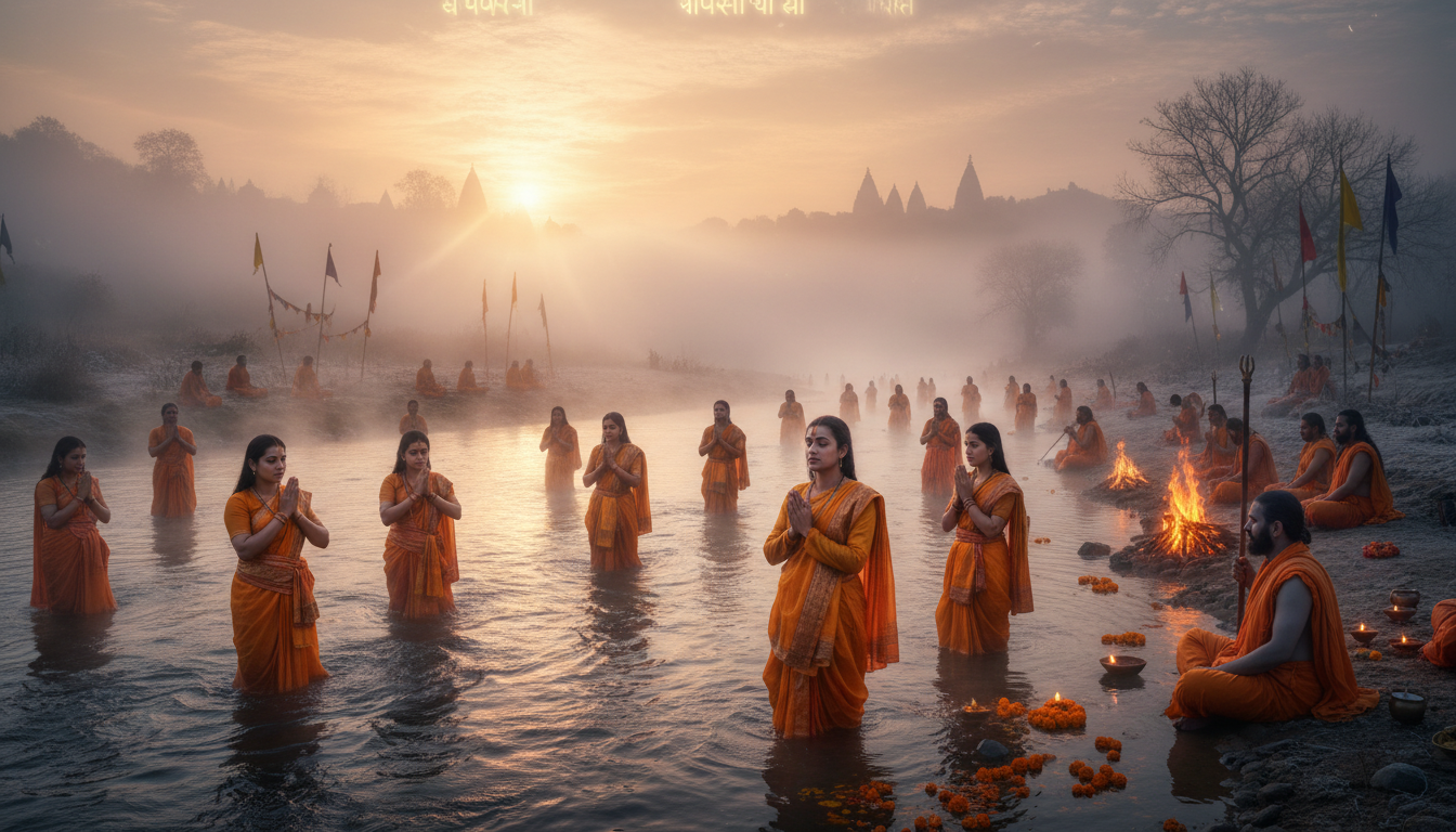 शीतकालीन सूर्योदय के समय पवित्र गंगा तट पर स्नान करते हुए श्रद्धालुओं का समूह।