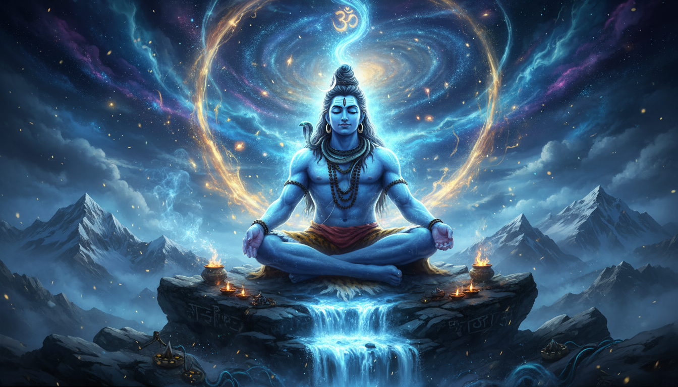 कैलाश पर्वत पर ध्यानमग्न भगवान शिव की दिव्य और अलौकिक छवि। कैलाश पर्वत पर ध्यानमग्न भगवान शिव की दिव्य और अलौकिक छवि।