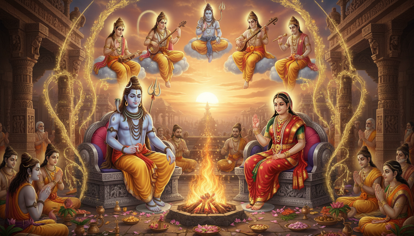 भगवान शिव और माता पार्वती के मंगल विवाह का भव्य पौराणिक चित्रण। भगवान शिव और माता पार्वती के मंगल विवाह का भव्य पौराणिक चित्रण।