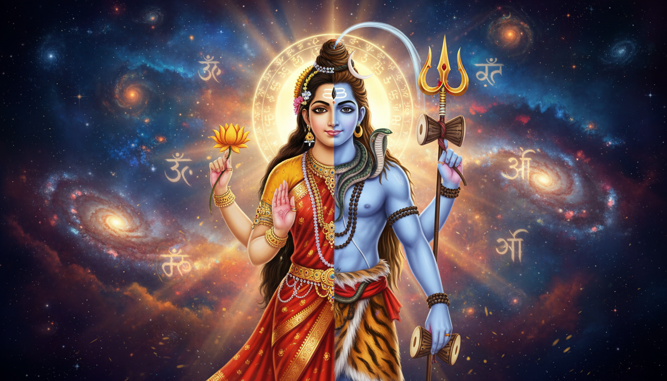 अर्धनारीश्वर स्वरूप में शिव और शक्ति के संतुलन का कलात्मक प्रदर्शन। अर्धनारीश्वर स्वरूप में शिव और शक्ति के संतुलन का कलात्मक प्रदर्शन।