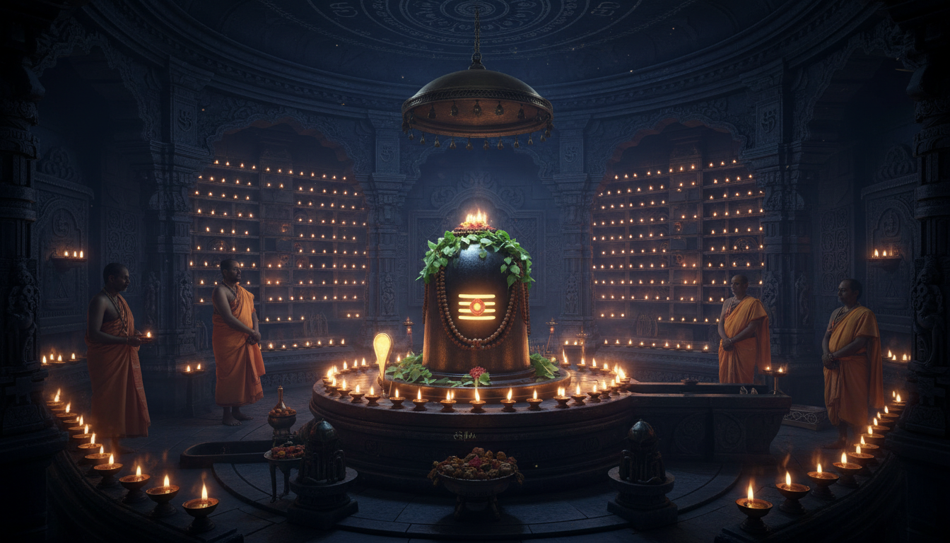 महाशिवरात्रि की रात्रि में शिवलिंग के भव्य अभिषेक और श्रृंगार का दृश्य। महाशिवरात्रि की रात्रि में शिवलिंग के भव्य अभिषेक और श्रृंगार का दृश्य।