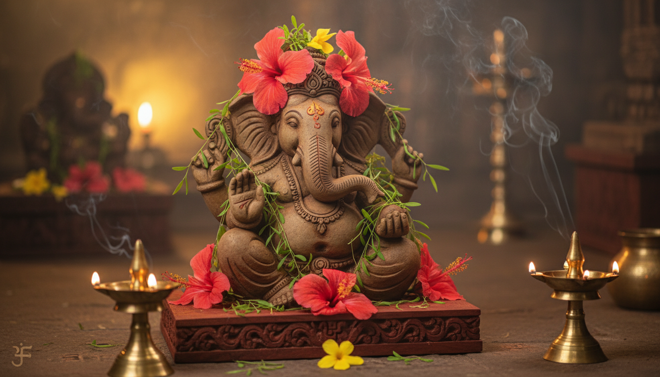 सकट चौथ पर लाल चौकी पर स्थापित मिट्टी के श्री गणेश, दूर्वा और लाल पुष्पों से सुसज्जित प्रतिमा