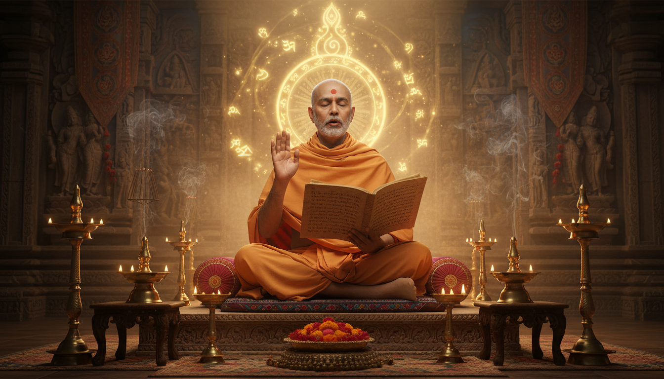 सकट चौथ व्रत कथा का श्रवण करते श्रद्धालु और प्राचीन पांडुलिपि पढ़ते विद्वान पंडित