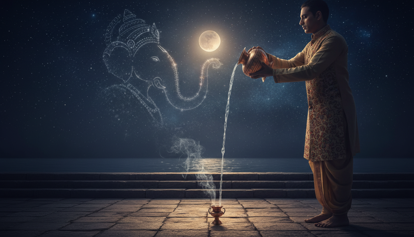 संकष्टी चतुर्थी की रात चंद्रमा को अर्घ्य देती महिला, चंद्र पूजा और धार्मिक अनुष्ठान