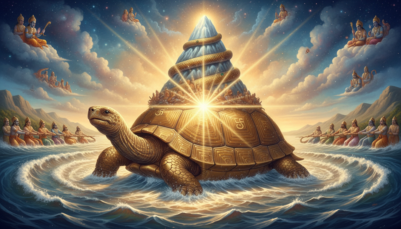 समुद्र मंथन के दौरान मन्दराचल पर्वत को अपनी पीठ पर धारण किए भगवान विष्णु के कूर्म अवतार का दिव्य चित्र