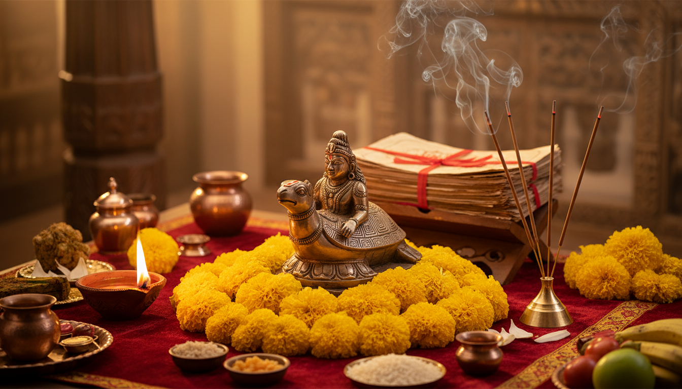 कूर्म द्वादशी पूजा विधि के लिए पीले पुष्पों और धूप-दीप से सुसज्जित भगवान विष्णु का मंदिर