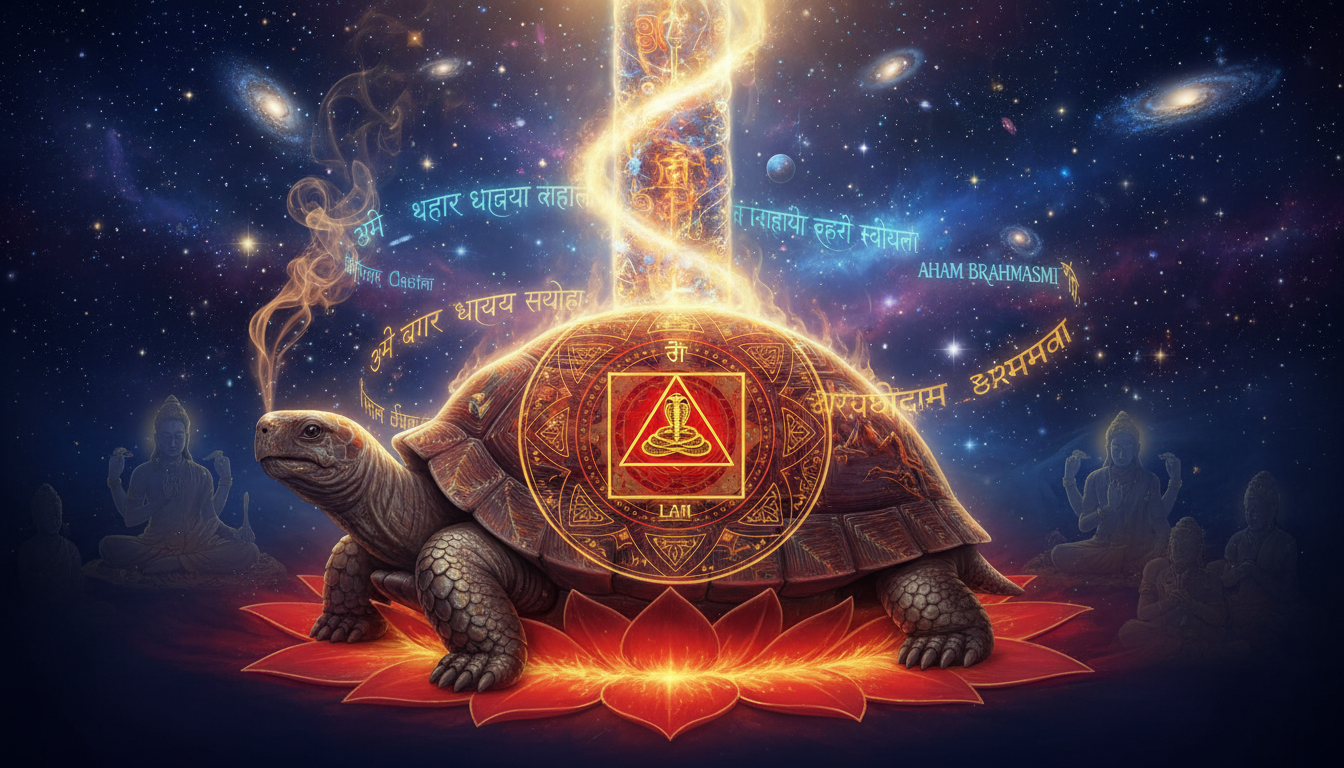 ब्रह्मांडीय स्थिरता के प्रतीक भगवान कूर्म की कलात्मक प्रस्तुति, जो धैर्य और आधार का चित्रण करती है