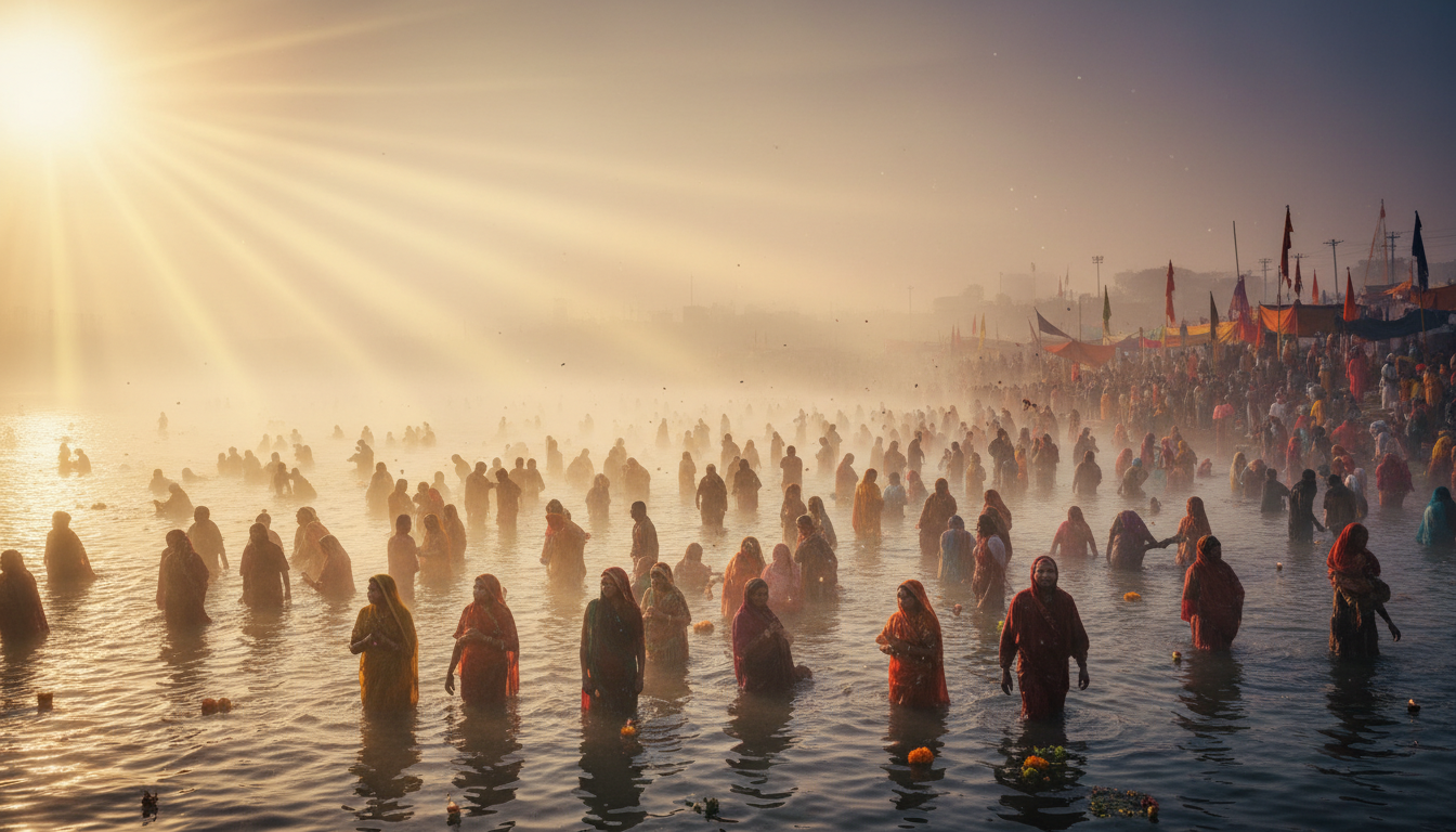 संगम तट पर माघी पूर्णिमा के पावन अवसर पर सूर्योदय के समय पवित्र स्नान करते श्रद्धालुओं का दिव्य दृश्य।
