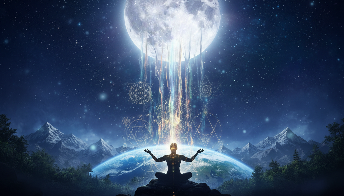माघी पूर्णिमा की शीतल चांदनी के नीचे ध्यानमग्न योगी और ब्रह्मांडीय ऊर्जा का कलात्मक चित्रण।