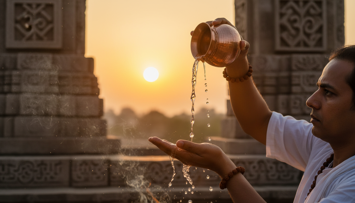 सूर्योदय के समय तांबे के पात्र से सूर्य देव को अर्घ्य देते एक श्रद्धालु की भक्तिपूर्ण तस्वीर