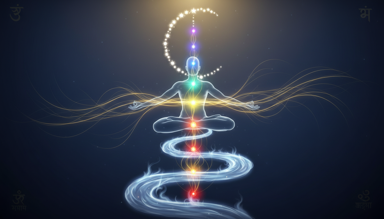 मानव चक्र प्रणाली और ब्रह्मांडीय ऊर्जा के संरेखण को दर्शाता कल्पवास का वैज्ञानिक चित्रण