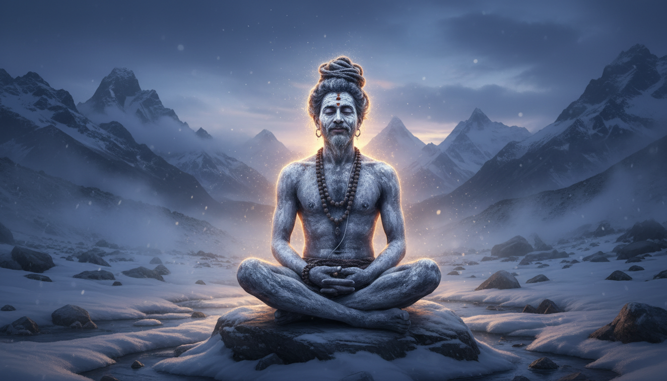हिमालय की पहाड़ियों में शून्य तापमान के बीच ध्यान मुद्रा में बैठे भस्मधारी नागा साधु का अलौकिक चित्रण। हिमालय की पहाड़ियों में शून्य तापमान के बीच ध्यान मुद्रा में बैठे भस्मधारी नागा साधु का अलौकिक चित्रण।