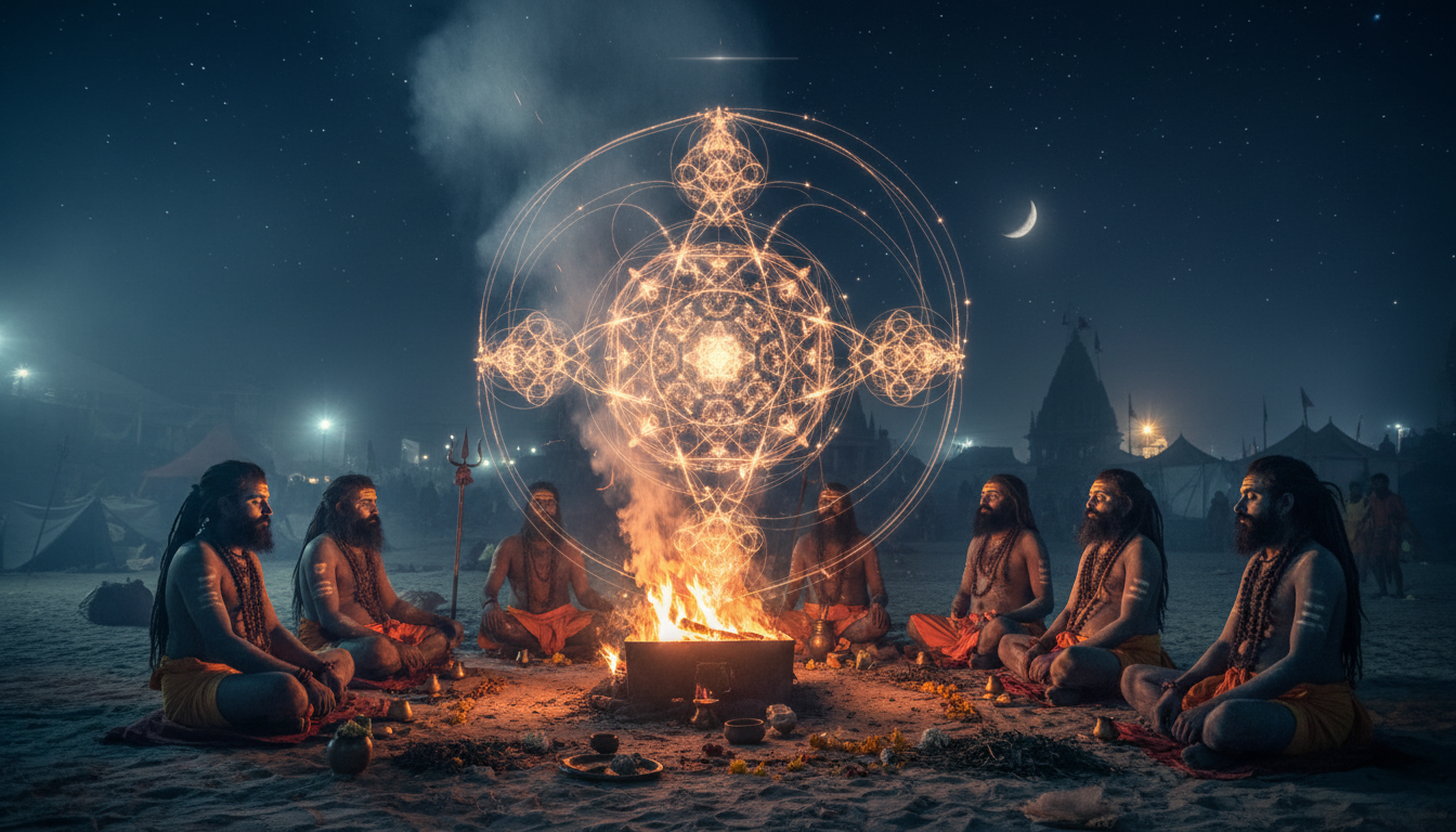 पवित्र धूनी के समक्ष बैठे नागा साधुओं का आध्यात्मिक वैभव और उनकी आंतरिक देह-अग्नि का रहस्यात्मक प्रदर्शन। पवित्र धूनी के समक्ष बैठे नागा साधुओं का आध्यात्मिक वैभव और उनकी आंतरिक देह-अग्नि का रहस्यात्मक प्रदर्शन।