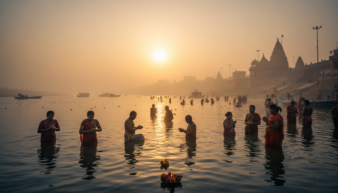 मकर संक्रांति 2026 के अवसर पर गंगा नदी में सूर्योदय के समय पवित्र स्नान करते श्रद्धालु। मकर संक्रांति 2026 के अवसर पर गंगा नदी में सूर्योदय के समय पवित्र स्नान करते श्रद्धालु।