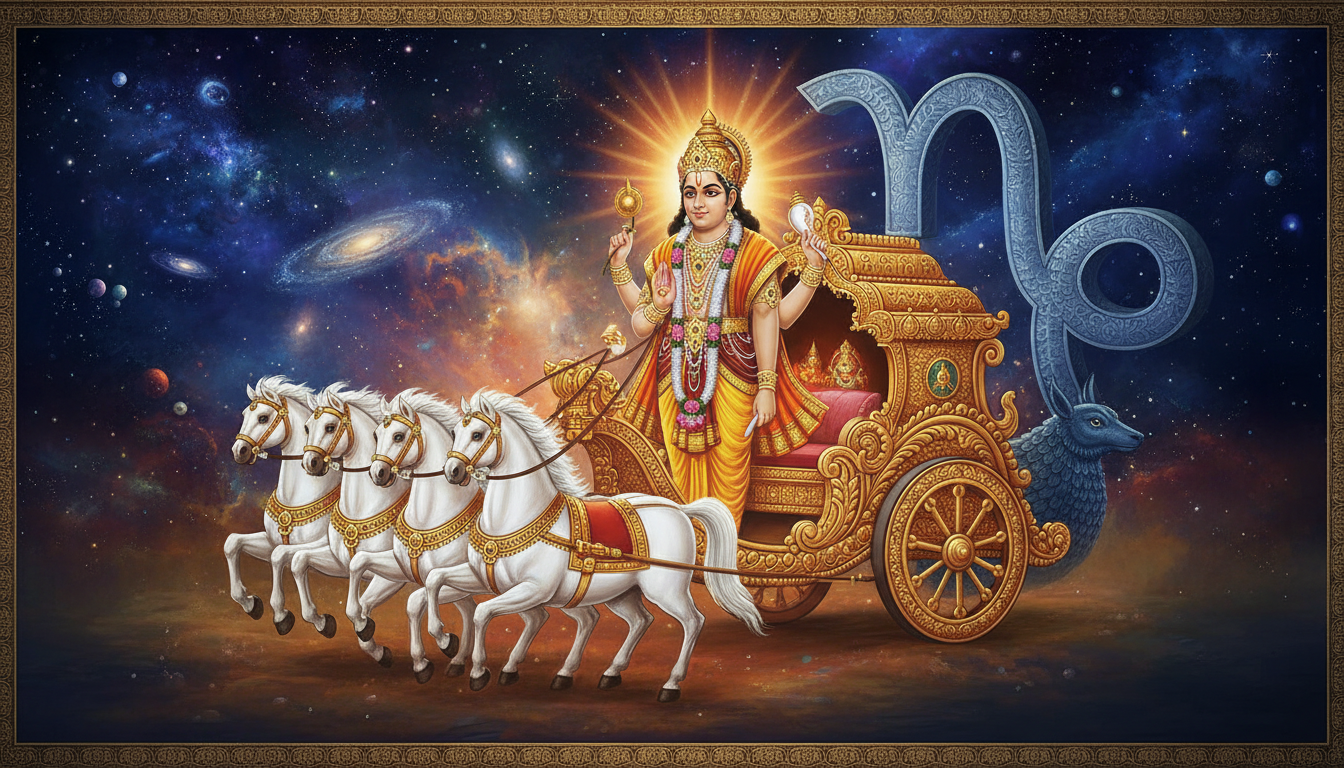 भगवान सूर्य नारायण का मकर राशि में प्रवेश करते हुए दिव्य ब्रह्मांडीय चित्रण। भगवान सूर्य नारायण का मकर राशि में प्रवेश करते हुए दिव्य ब्रह्मांडीय चित्रण।