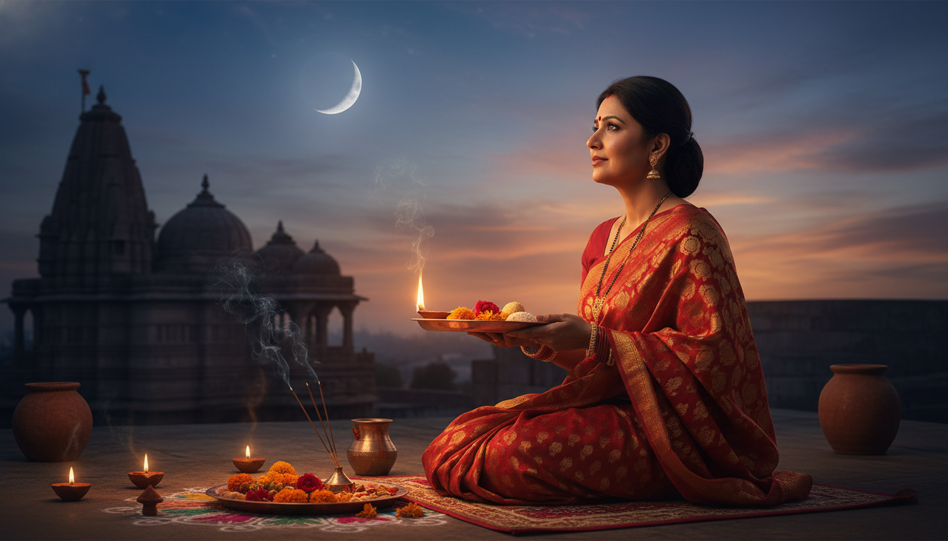 सकट चौथ व्रत के दौरान चंद्रमा को अर्घ्य देने की तैयारी करती हुई भारतीय महिला सकट चौथ व्रत के दौरान चंद्रमा को अर्घ्य देने की तैयारी करती हुई भारतीय महिला