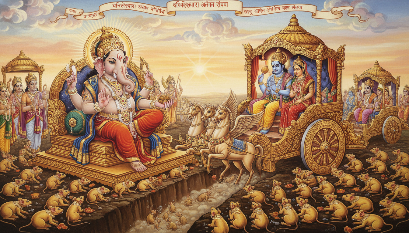 विष्णु विवाह के समय गणेश जी की मूषक सेना द्वारा मार्ग अवरुद्ध करने का पौराणिक दृश्य विष्णु विवाह के समय गणेश जी की मूषक सेना द्वारा मार्ग अवरुद्ध करने का पौराणिक दृश्य