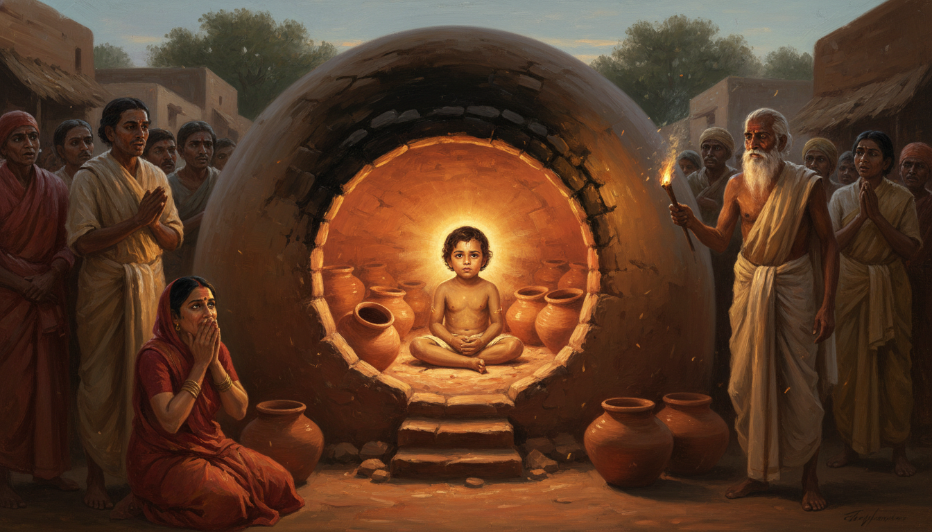 संकटा माता के चमत्कार से कुम्हार के आवे में जीवित बचा बालक और पके हुए बर्तन संकटा माता के चमत्कार से कुम्हार के आवे में जीवित बचा बालक और पके हुए बर्तन