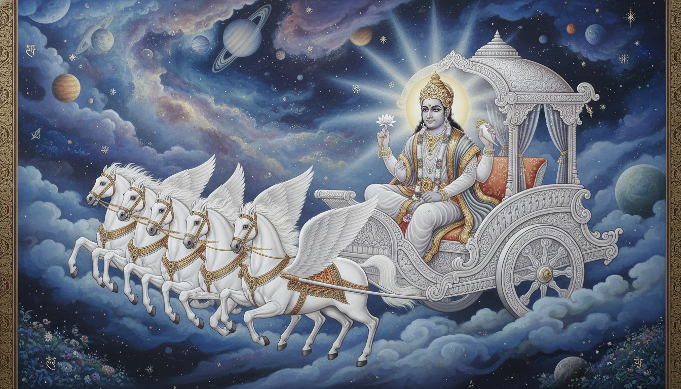 भगवान चन्द्रदेव के दिव्य रथ और श्वेत अश्वों का आध्यात्मिक चित्रण भगवान चन्द्रदेव के दिव्य रथ और श्वेत अश्वों का आध्यात्मिक चित्रण