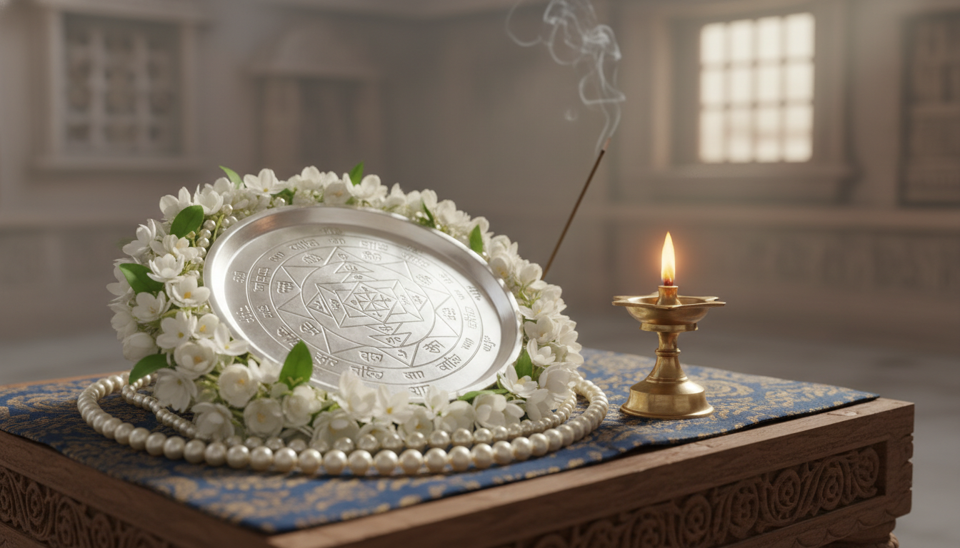 चांदी के पत्र पर उत्कीर्ण सिद्ध चन्द्र यन्त्र और श्वेत पुष्पों की पूजन सामग्री चांदी के पत्र पर उत्कीर्ण सिद्ध चन्द्र यन्त्र और श्वेत पुष्पों की पूजन सामग्री