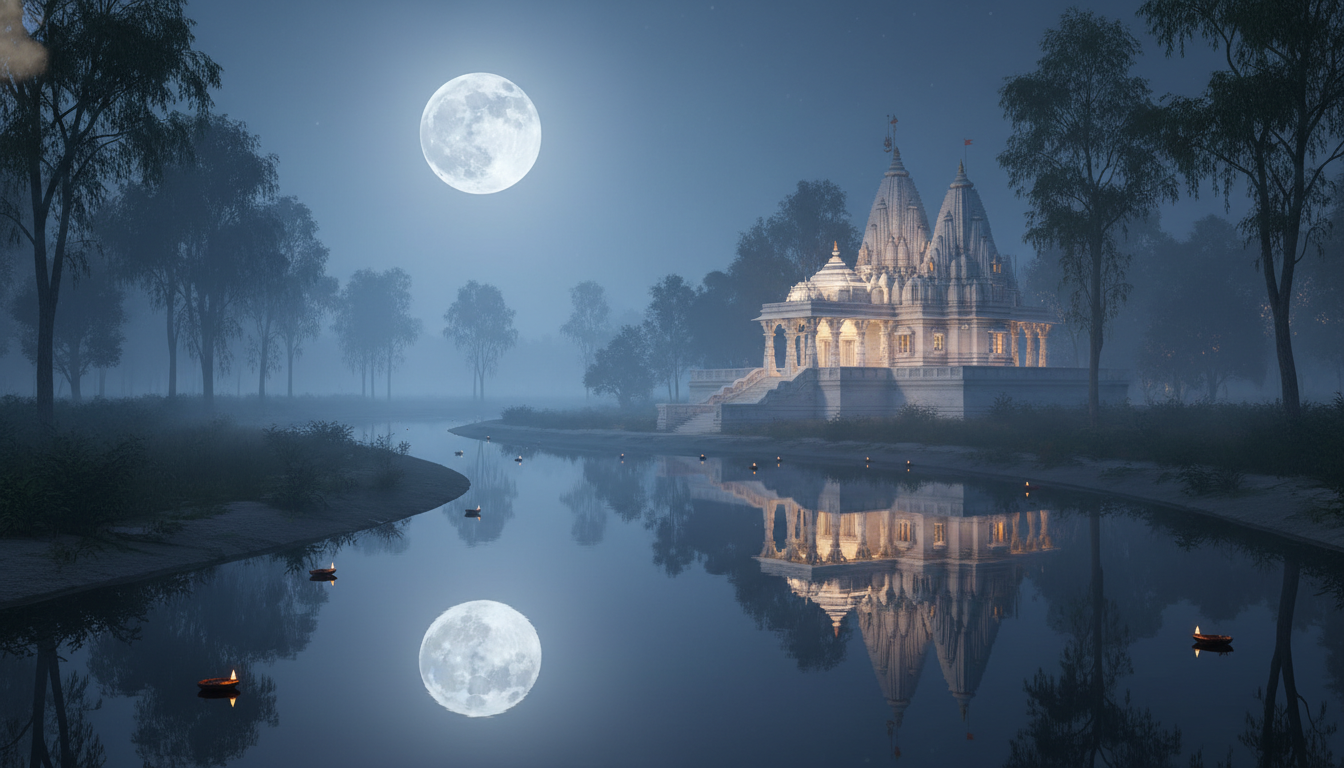 पूर्णिमा की शीतल चांदनी में स्थित भगवान शिव के मंदिर का शांत एवं सात्विक दृश्य पूर्णिमा की शीतल चांदनी में स्थित भगवान शिव के मंदिर का शांत एवं सात्विक दृश्य