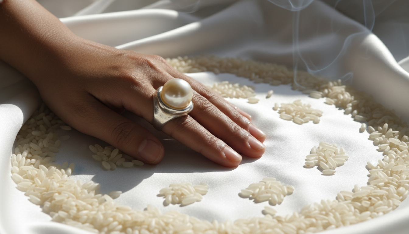 दाहिने हाथ की कनिष्ठा उंगली में चांदी की अंगूठी में धारण किया गया शुद्ध मोती रत्न दाहिने हाथ की कनिष्ठा उंगली में चांदी की अंगूठी में धारण किया गया शुद्ध मोती रत्न