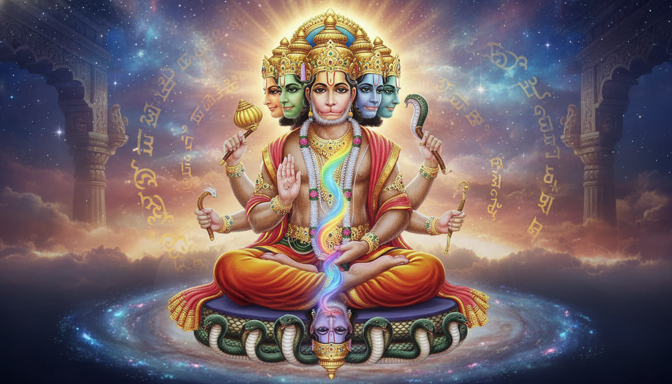 ध्यान मुद्रा में पंचमुखी हनुमान की दिव्य छवि जो पंच प्राणों के संतुलन को दर्शाती है।