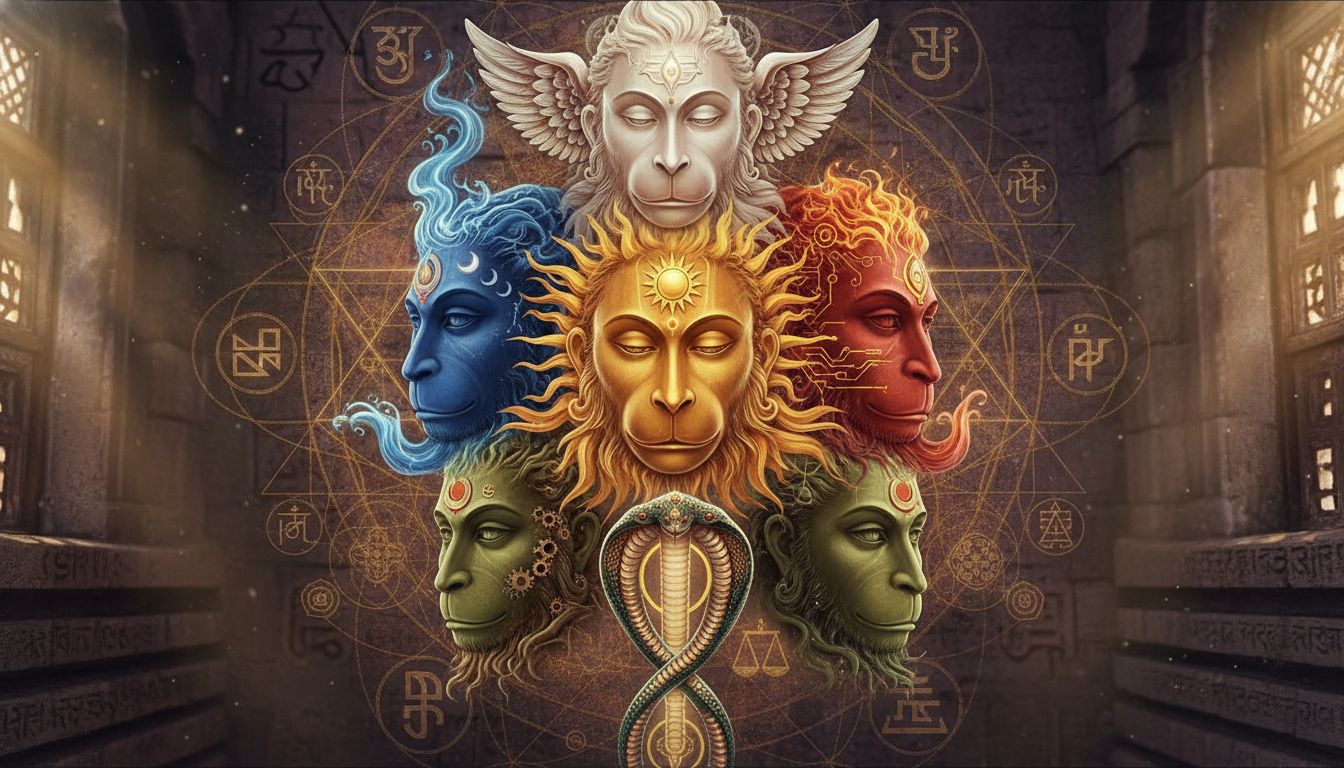 हनुमान के पाँच मुखों का चित्रण और उनके साथ जुड़े पाँच प्राणिक ऊर्जा केंद्र।