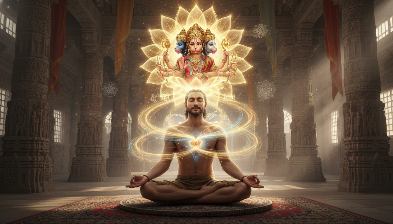 सहस्रार चक्र में पंचमुखी हनुमान का दर्शन और कुण्डलिनी जागरण की प्रतीकात्मक कला।