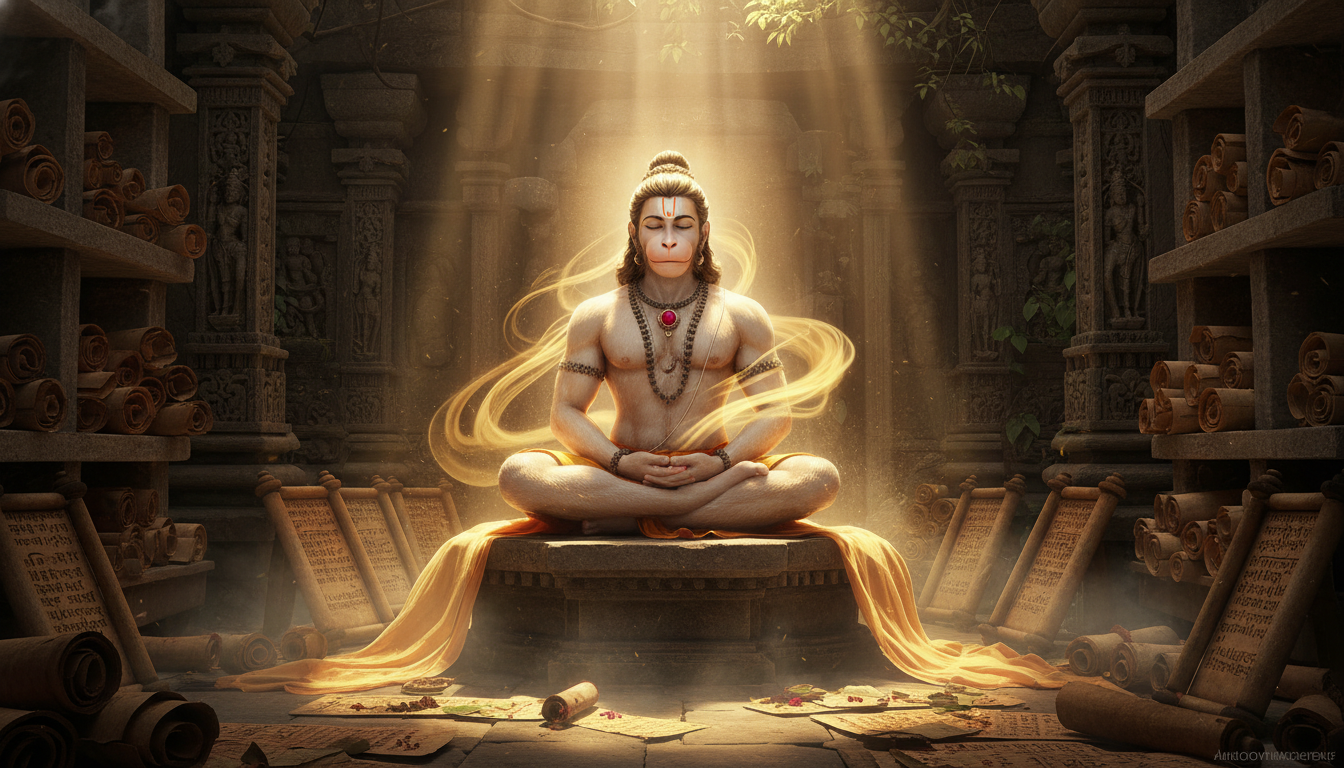 ध्यान मुद्रा में भगवान हनुमान की दिव्य प्रतिमा और आध्यात्मिक प्रकाश पुंज।
