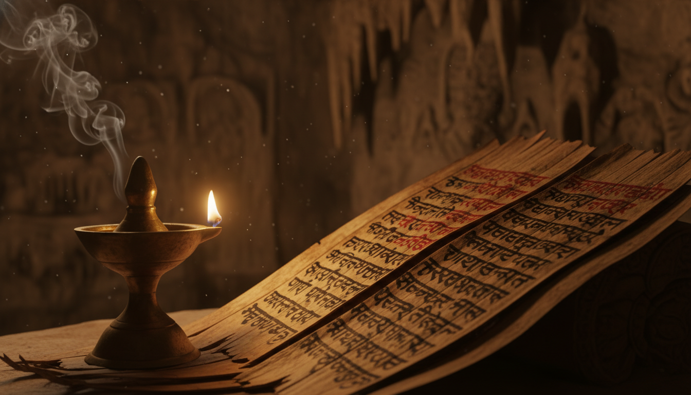 प्राचीन पांडुलिपि और दीपक के साथ शाबर मंत्र साधना का पारंपरिक परिवेश।