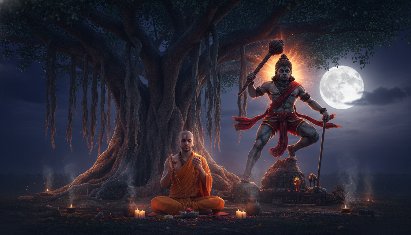 वट वृक्ष के नीचे रुद्राक्ष माला के साथ मंत्र जप करते हुए एक निष्ठावान साधक।