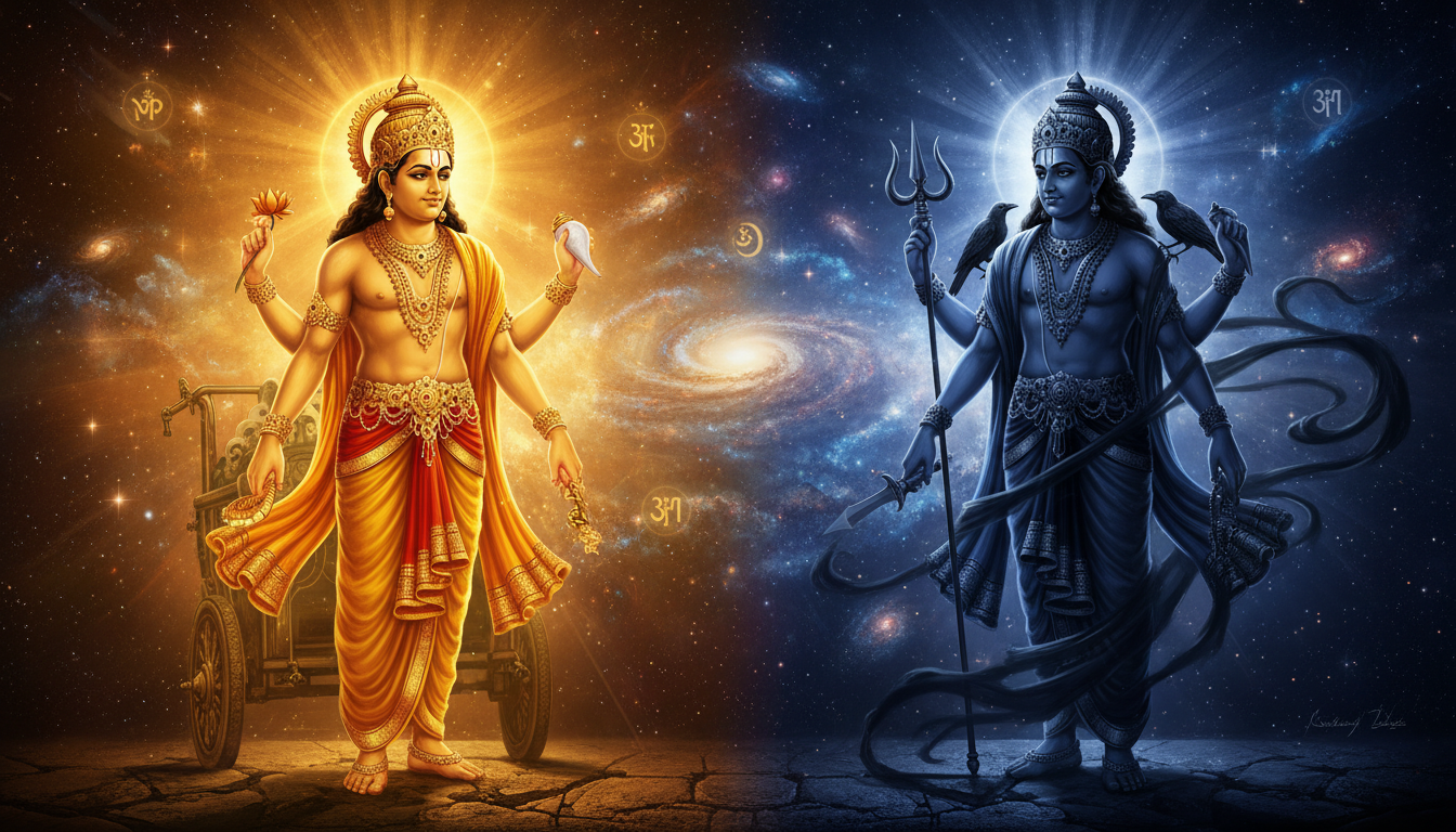 सूर्य देव और शनि देव के मध्य खगोलीय संघर्ष का चित्रण जो पिता और पुत्र के जटिल संबंधों को दर्शाता है।