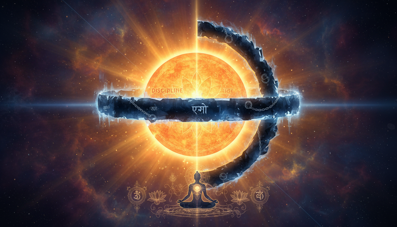 ज्योतिषीय शनि-सूर्य युति का प्रतीकात्मक चित्र जिसमें प्रकाश और अंधकार के संतुलन को दिखाया गया है।