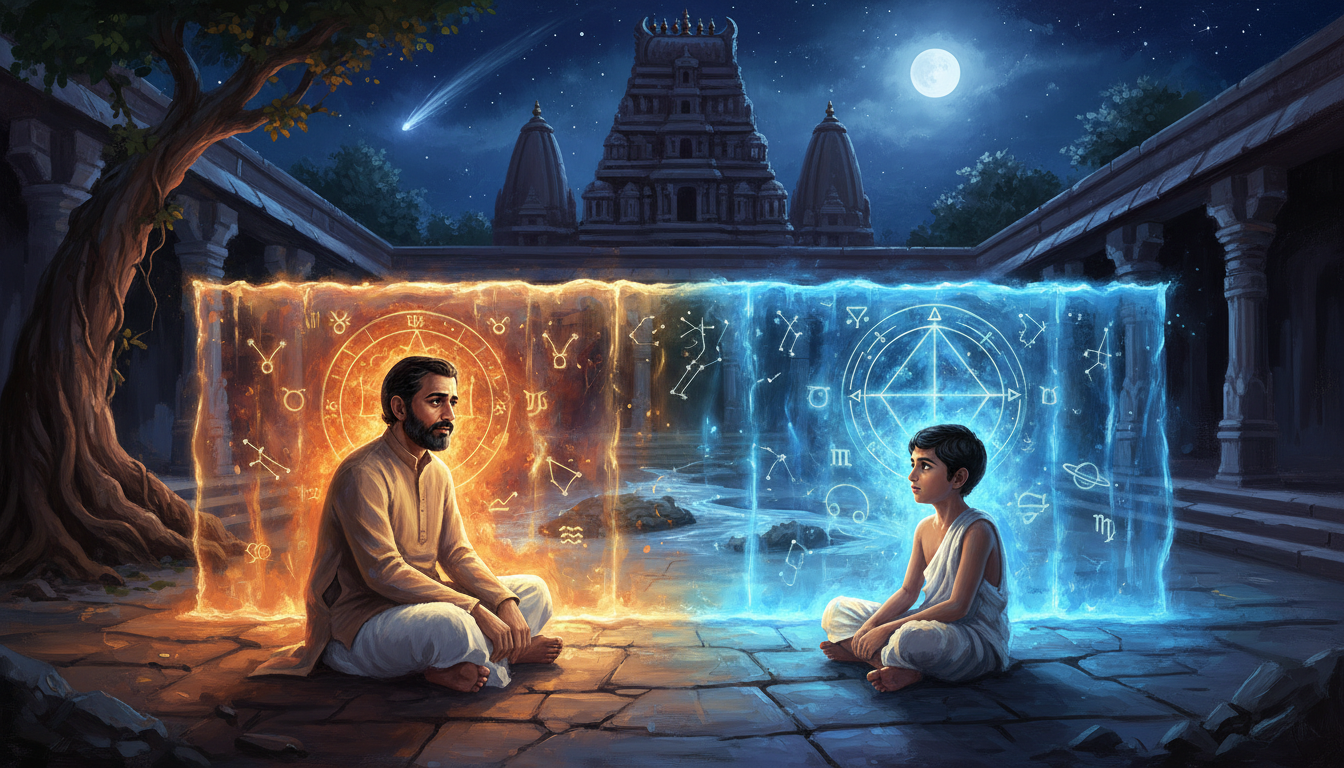 पिता और पुत्र के बीच आध्यात्मिक और वैचारिक दूरी को दर्शाता एक कलात्मक दृश्य।