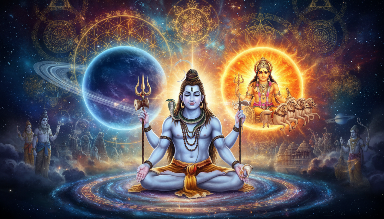 भगवान शिव द्वारा सूर्य और शनि के ग्रहों के प्रभाव को संतुलित करने का पौराणिक चित्रण।