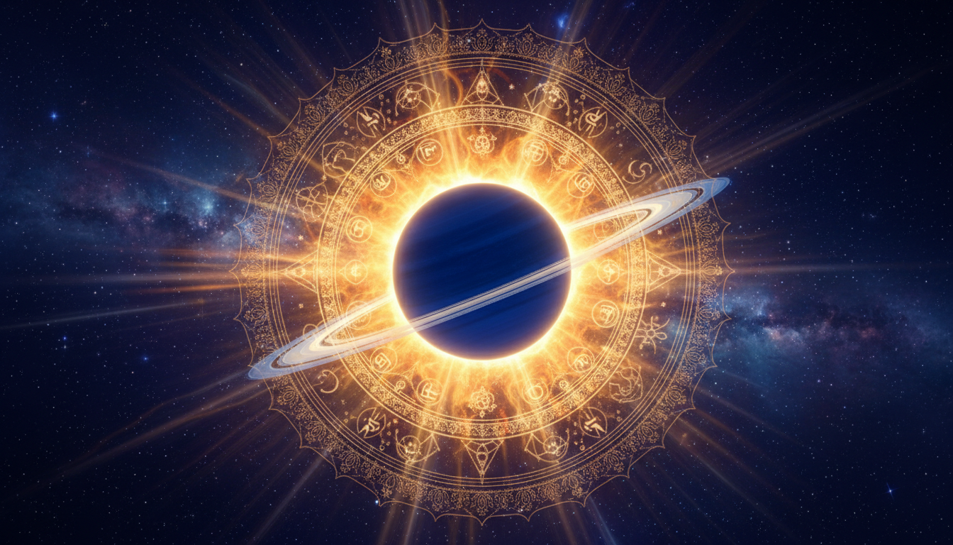 सूर्य के तीव्र प्रकाश पुंज में विलीन होते शनि ग्रह का प्रतीकात्मक दृश्य