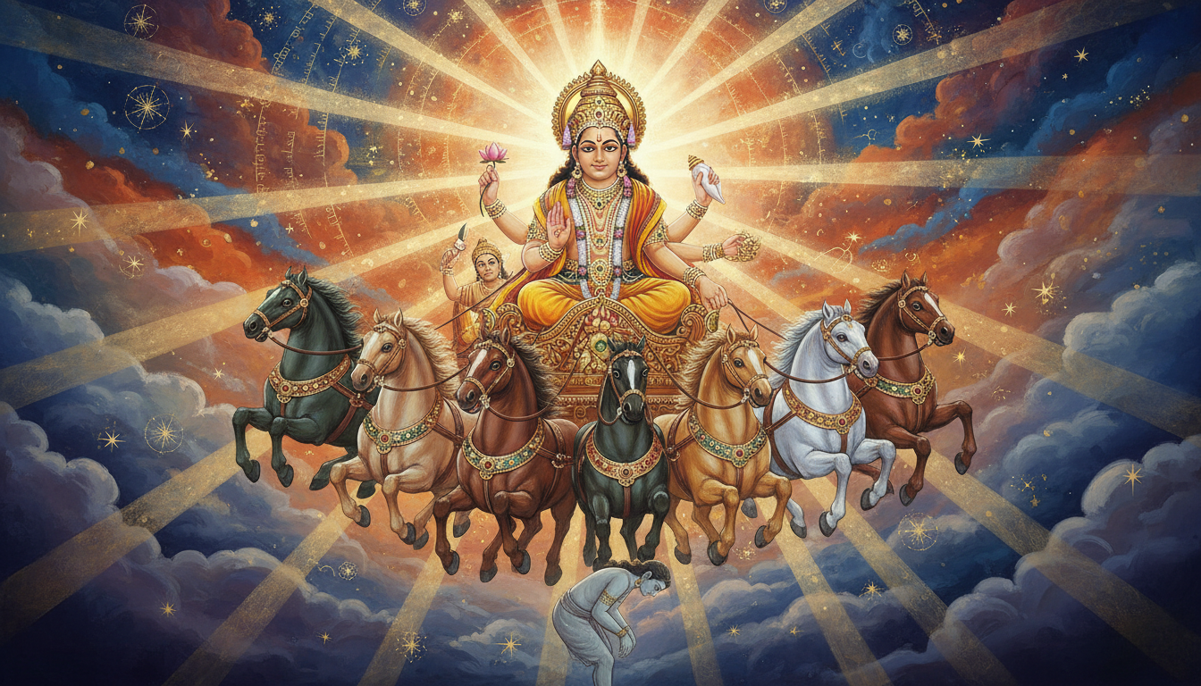 भगवान सूर्य के तेज के सम्मुख शक्तिहीन होते बुध ग्रह का पौराणिक चित्रण