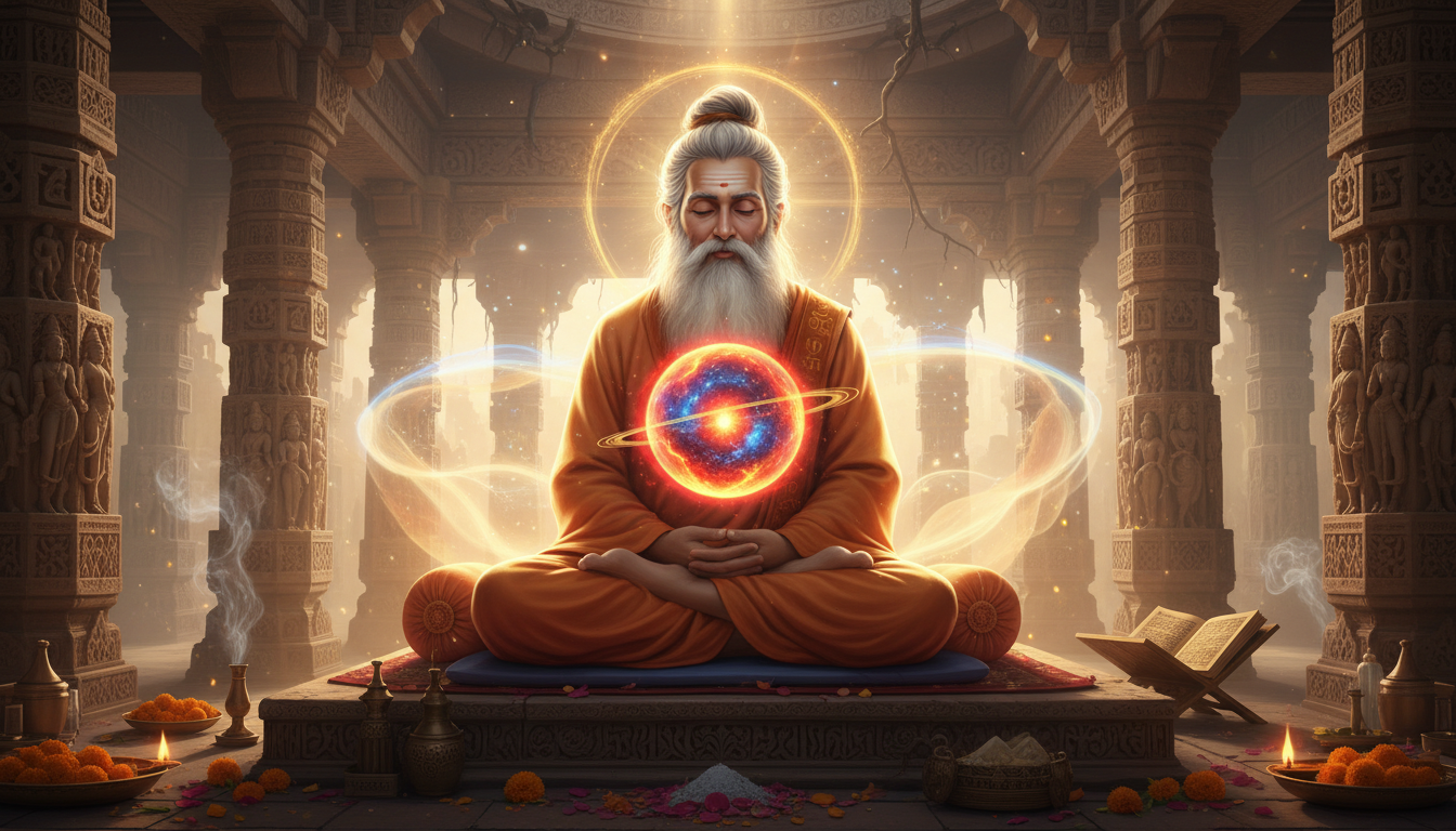 चेष्टा बल और आंतरिक चेतना को प्रदर्शित करते हुए ध्यानमग्न ऋषि और प्रकाशमान ग्रह