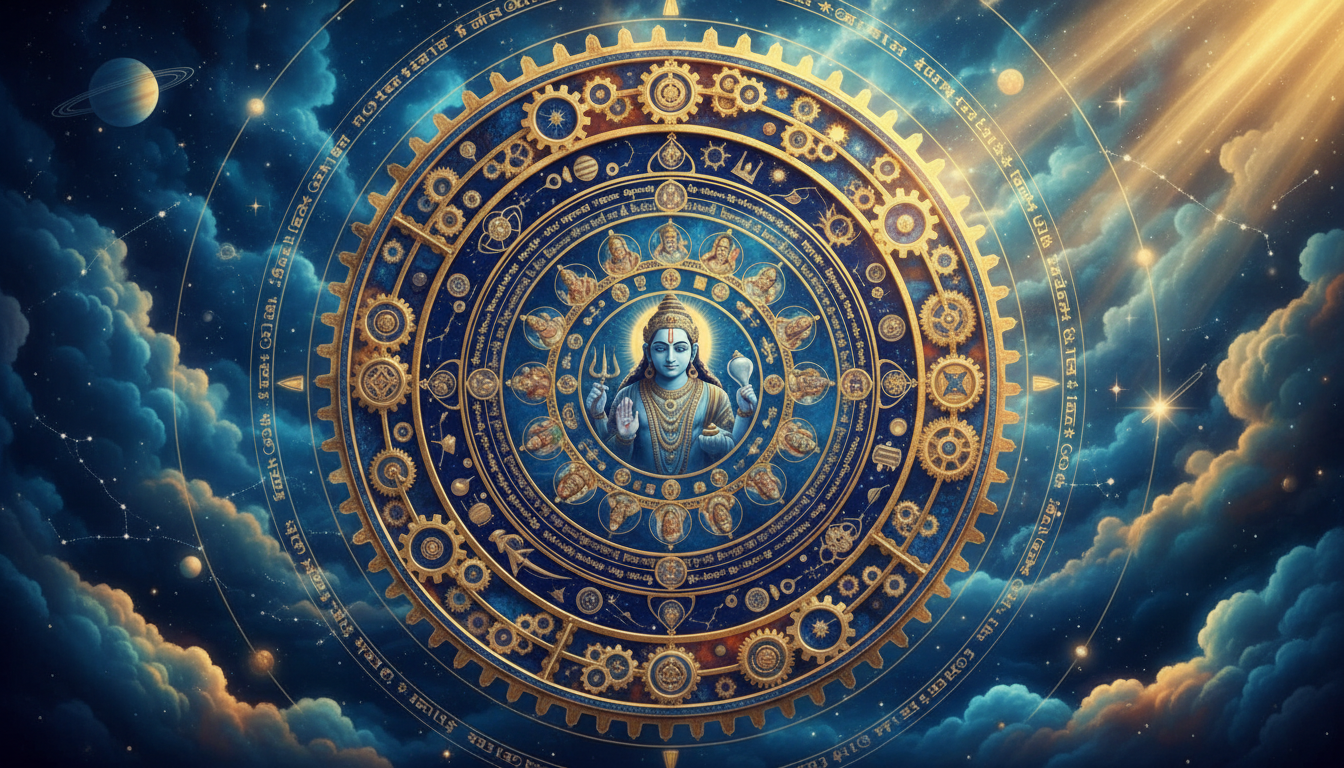 विपरीत दिशा में घूमते कर्मचक्र के माध्यम से वक्री ग्रह के प्रभाव का प्रतीकात्मक दृश्य